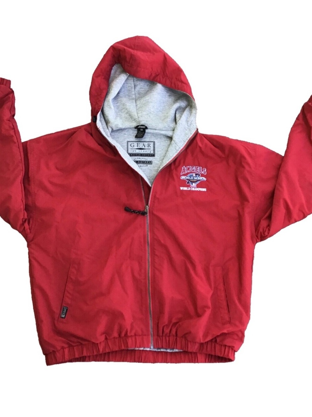 GEAR FOR SPORTS Anaheim Angels World Series 2002 Men M Jacket Red Hooded Champ.